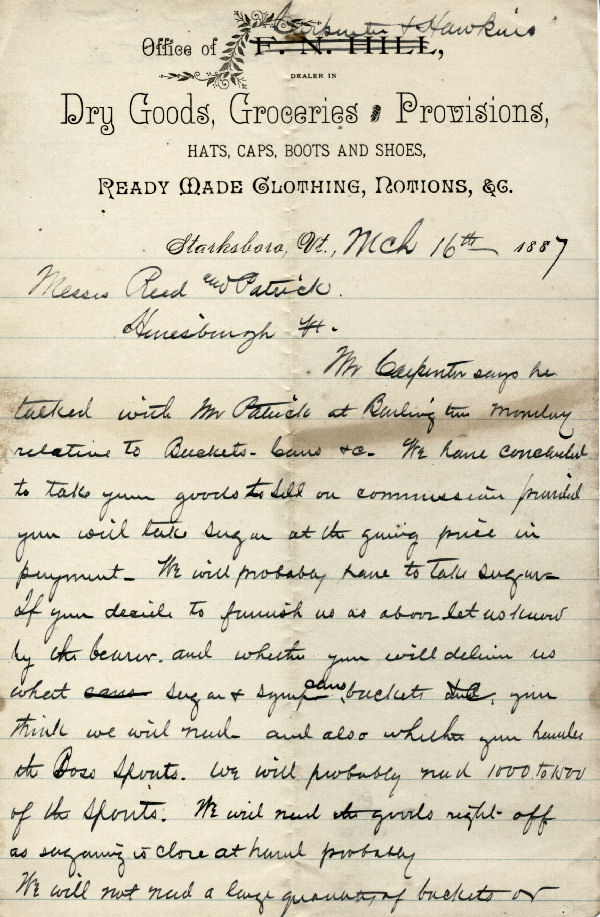 Carpenter and Hawkins letter dated March 16, 1887