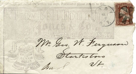 envelope from the Troy Bell Foundry, Jones and Co. addressed to George W. Freguson quoting a bell for the Starksboro Village Meeting House, Starksboro, Vermont