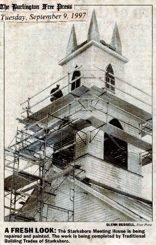photo from the Burlington Free Press dated September 9, 1997 of the steeple restoration of the Starksboro Village Meeting House, Starksboro, Vermont