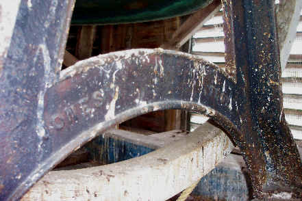 view of the bell frame of the Troy Bell Foundry bell in the belfry of the Starksboro Village Meeting House, Starksboro, Vermont